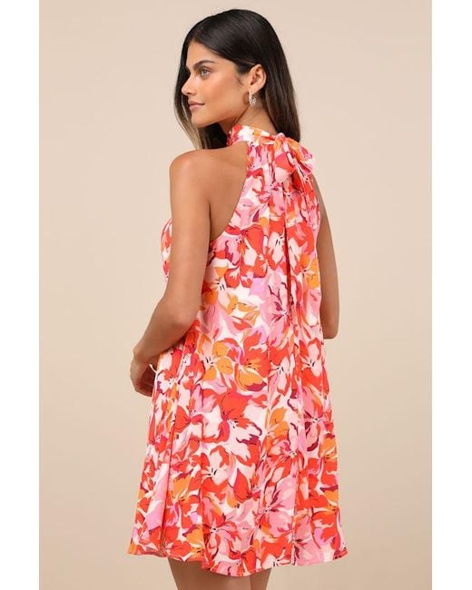 Lulus Red Tied Back To You Floral Print Mini Shift Dress