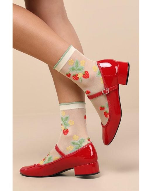 Hansel From Basel Natural Wild Strawberry And Sheer Embroidered Socks