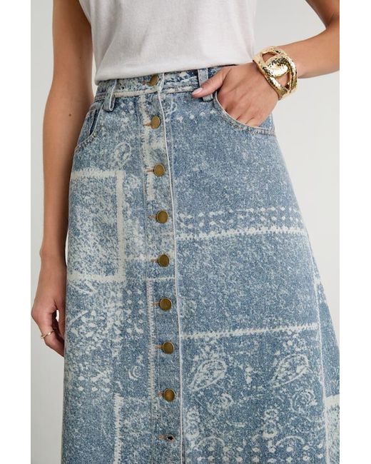Lulus Blue Mckenzie Medium Wash Paisley Button-Front Denim Midi Skirt