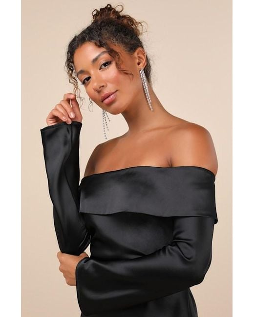 Lulus Black Luxurious Vision Satin Off-The-Shoulder Mini Dress