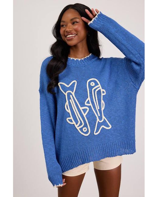 Lulus Blue Montauk Embroidered Pullover Sweater