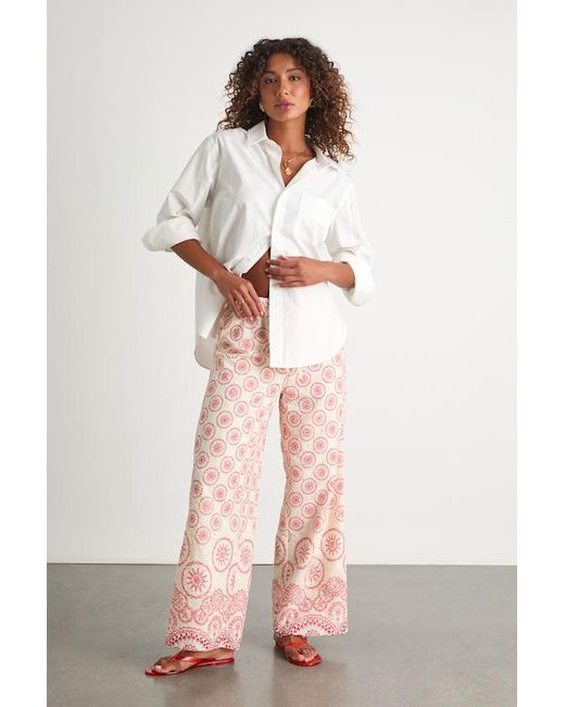 Lulus Natural Brielle Boho Print Eyelet Embroidered Drawstring Pants