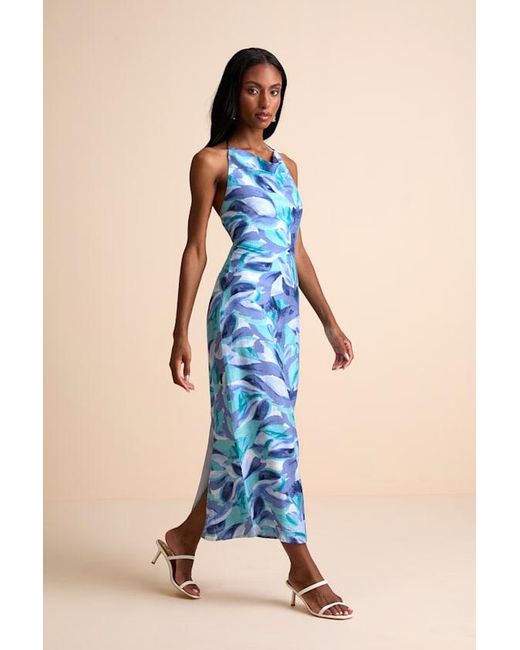 Lulus Blue Valdria Abstract Cowl Halter Midi Dress