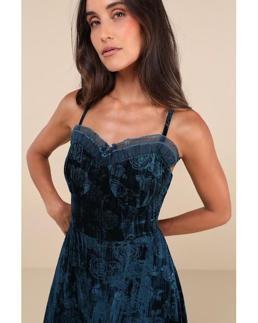 Lulus Blue Considered Glamour Dark Crushed Velvet Buster Midi Dress