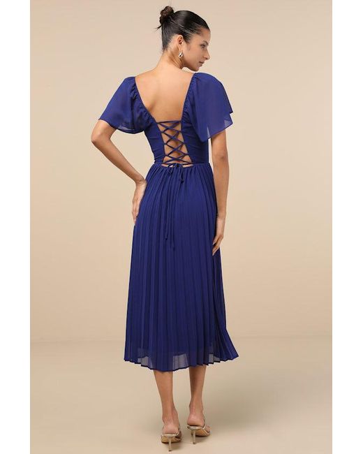 Lulus Blue Calia Flutter Sleeve Midi Dress