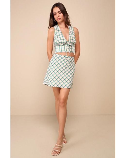 Lulus White Definitely Adorable Cream Plaid High-Waisted Mini Skirt