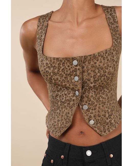 Lulus Brown Ozella Leopard Button-Front Sleeveless Crop Top