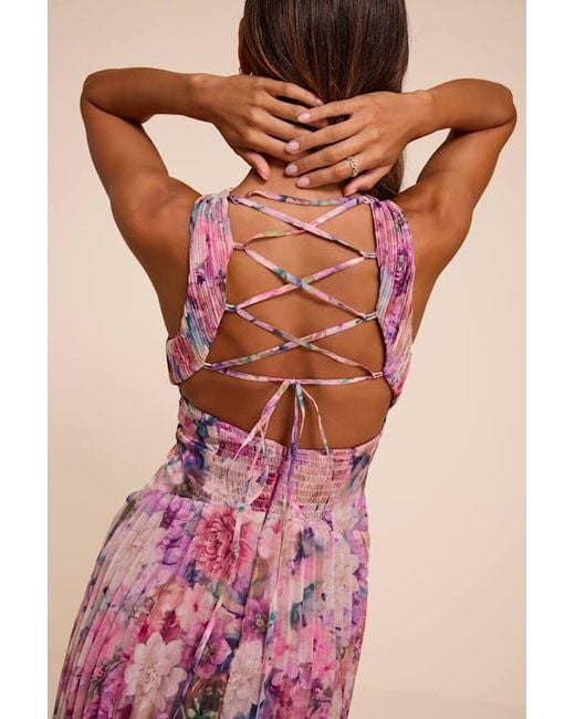 Lulus Red Andra Floral Pleated Lace-Up Maxi Dress