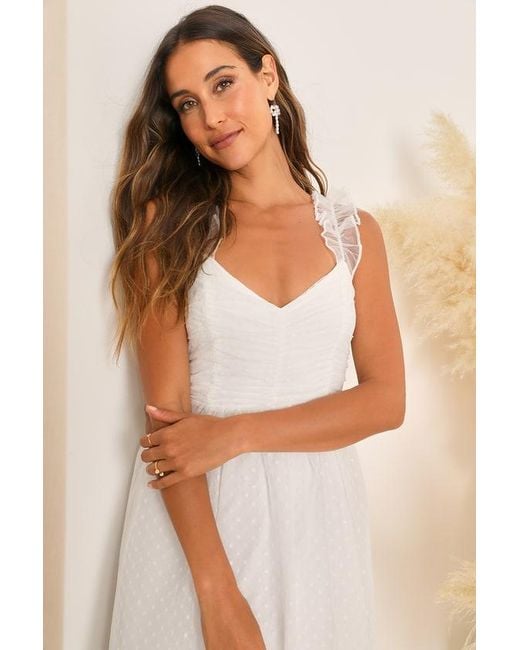 Lulus Natural Forever Celebrated Swiss Dot Ruched Tulle Midi Dress