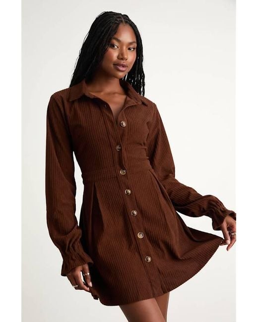 Lulus Brown Autumn Mood Dark Corduroy Mini Dress With Pockets