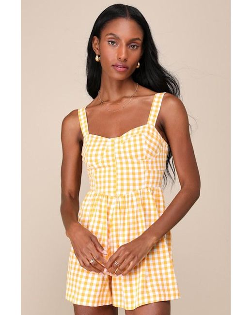 Lulus Natural Precious Trend And Gingham Bustier Romper