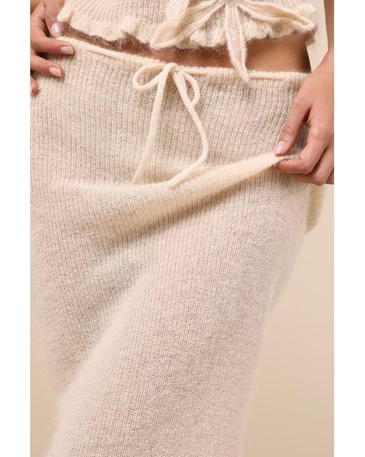 Tyler McGillivary Natural Mimi Cream Semi-Sheer Knit Drawstring Midi Skirt