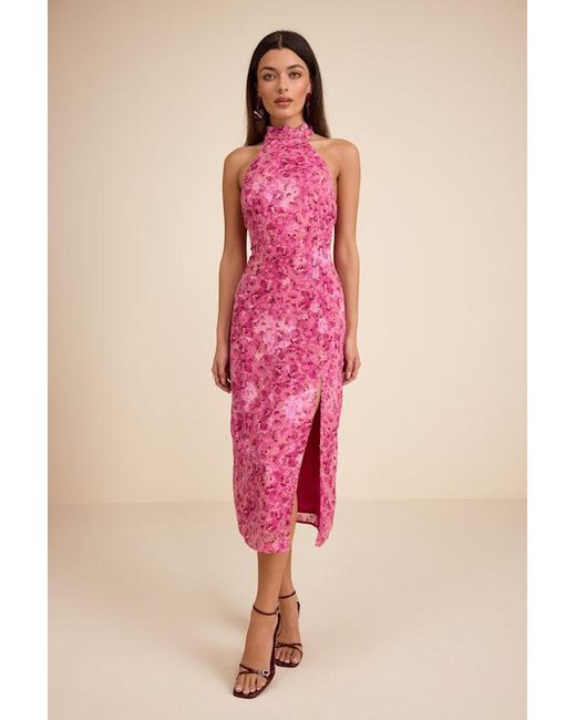 Lulus Pink Lana Floral Jacquard Halter Midi Dress