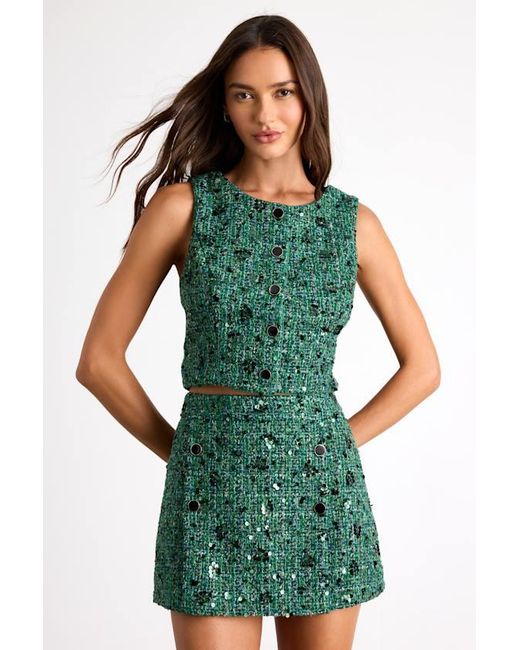 Lulus Green Namari Emerald Tweed Sequin Button-Front Crop Top