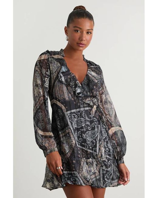 Lulus Gray Claire Dark Boho Print Wrap Mini Dress