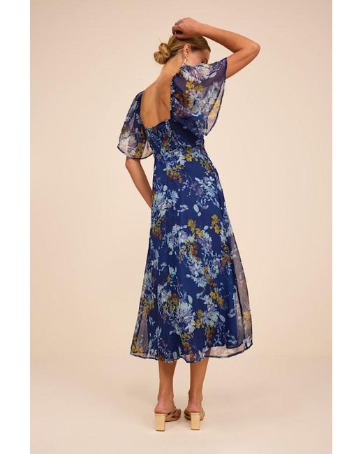 Lulus Blue Valla Floral Flutter Sleeve Midi Dress