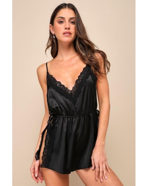 Lulus Black Enticing Fantasy Satin Lace Tie-Side Lingerie Romper