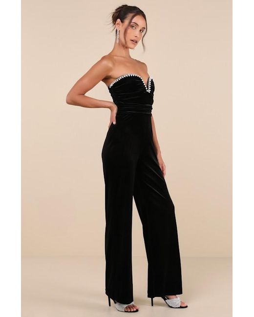 Lulus Black Fabulous Instinct Velvet Pearl Strapless Jumpsuit