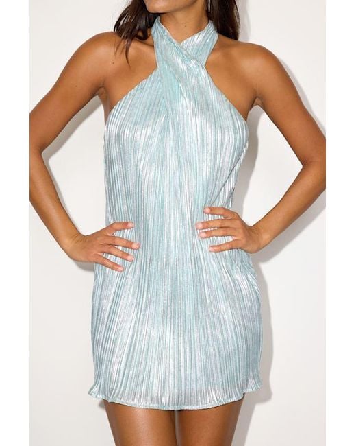 Lulus Blue Collins Lurex Plisse Halter Mini Dress