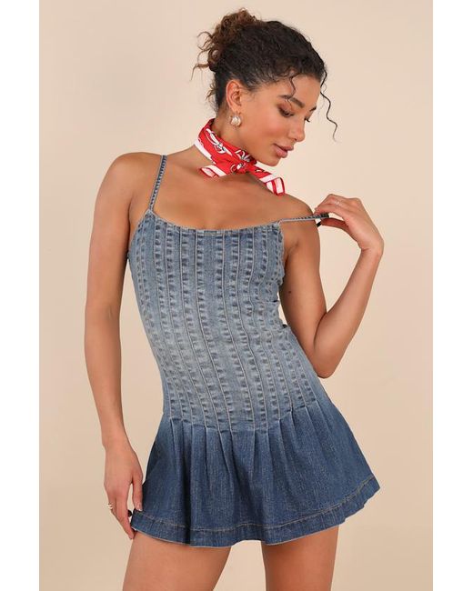 Lulus Blue Mazikeen Medium Wash Ombre Denim Pleated Mini Dress