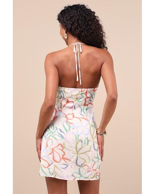Lulus Pink Cloelia Abstract Floral Button-Front Halter Mini Dress