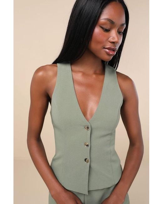 Lulus Green Gracinda Sage Button-Front Vest Top