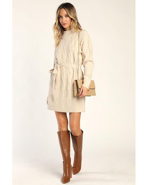 Lulus Natural Warmed Up To You Cream Cable Knit Mock Neck Sweater Dress