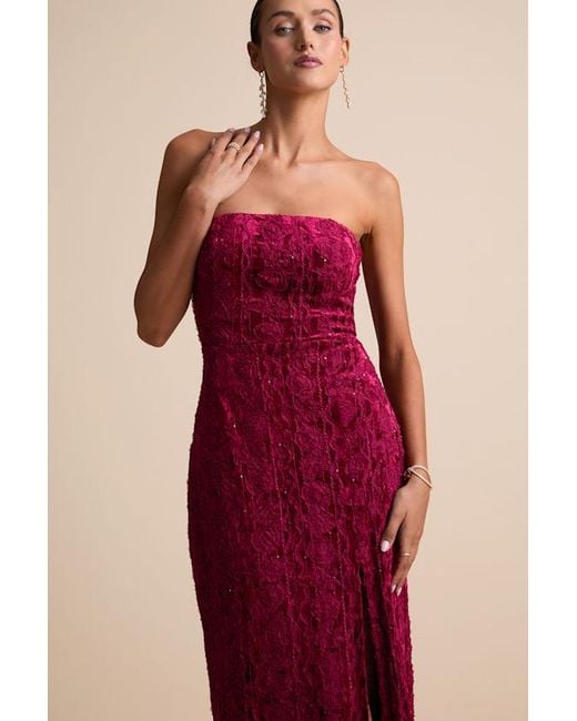 Lulus Red Chic Grace Velvet Floral Applique Strapless Maxi Dress