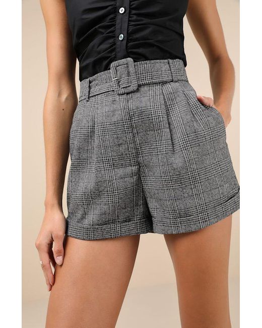 Lulus Black Confidently Posh Plaid Belted High-Waisted Shorts