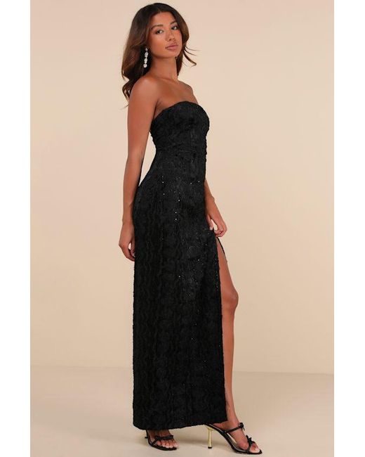 Lulus Black Chic Grace Velvet Floral Applique Strapless Maxi Dress