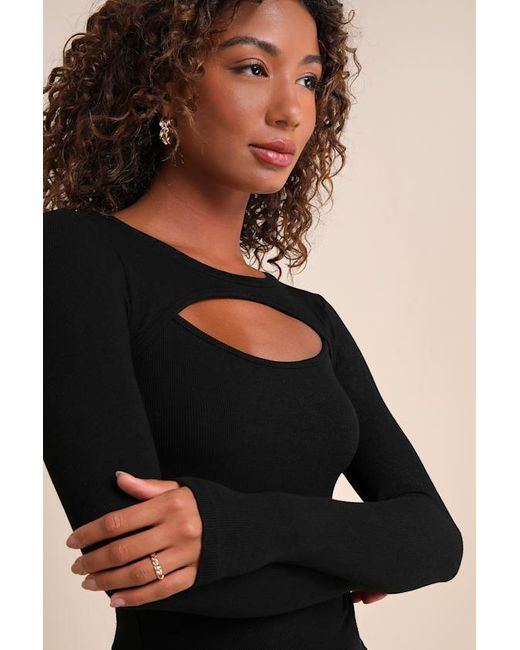 Lulus Black Flirty Little Secret Ribbed Cutout Long Sleeve Top