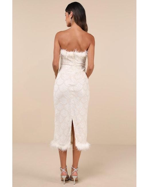 Lulus Natural Uniquely Confident Cream Lace Feather Strapless Midi Dress