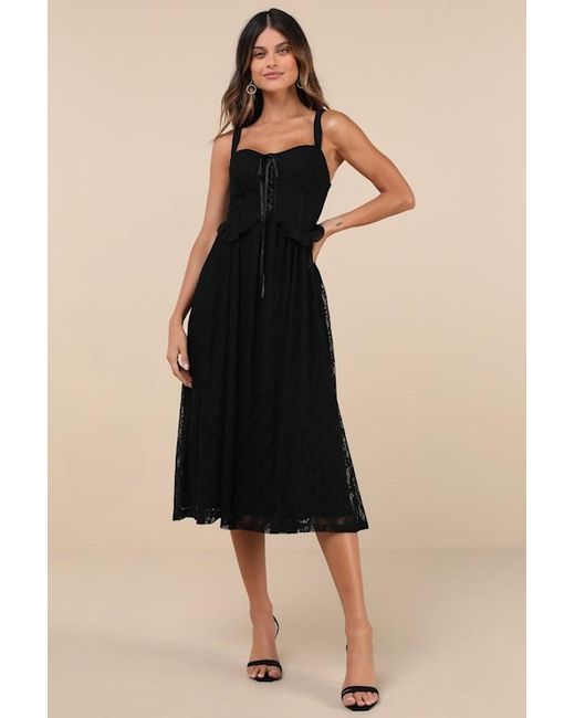 Lulus Black Romantic Option Lace Sleeveless Lace-Up Corset Midi Dress