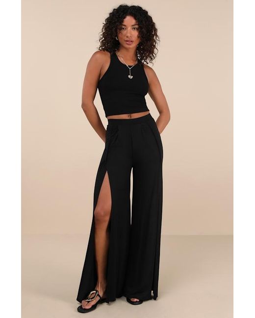 Lulus Black Knockout Knit Wide-Leg Slit-Front Pants