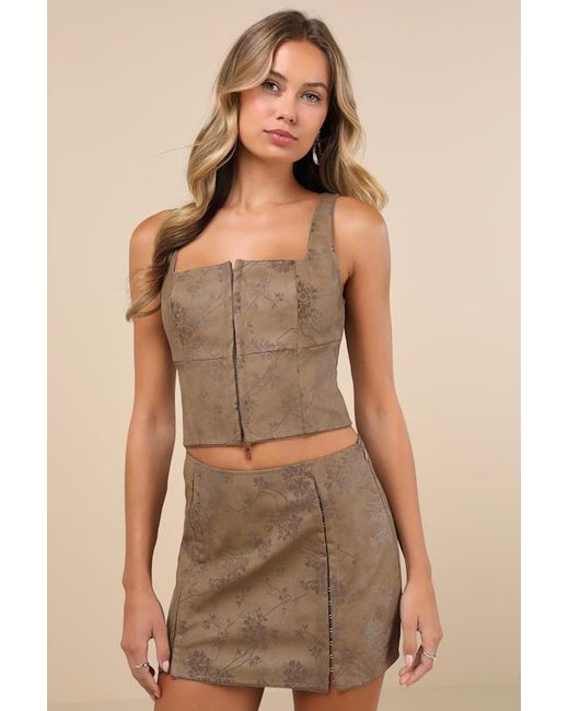 Lulus Brown Coveted Floral Vegan Leather Mini Skirt
