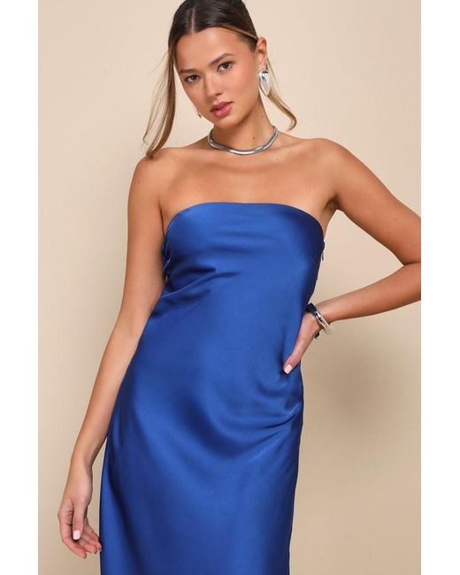 Lulus Blue Effortless Bliss Satin Strapless Cowl Back Midi Dress