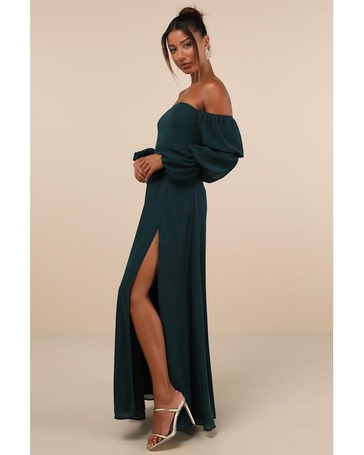 Lulus Blue Demure Aura Emerald Tiered Balloon Sleeve Off-The-Shoulder Dress