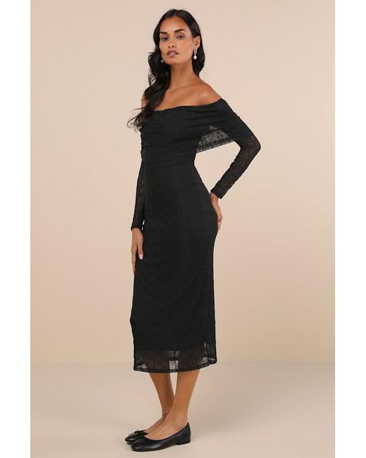 Lulus Black Demurely Chic Mesh Textured Off-The-Shoulder Midi Dress