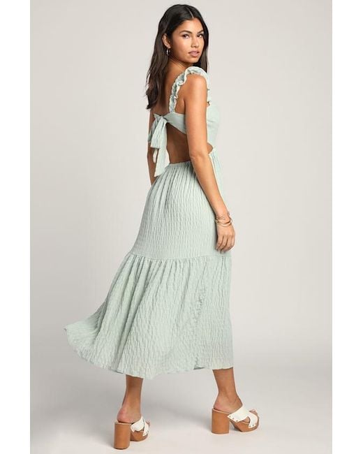Lush Green Dreamiest Darling Mint Smocked Tie-Back Tiered Midi Dress