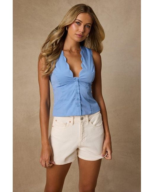 Lulus Blue Seasonally Lovely Scalloped Button-Front Poplin Top