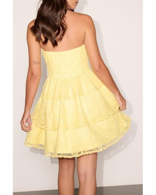 Lulus Yellow Sweet Perception Lace Strapless Tiered Mini Dress