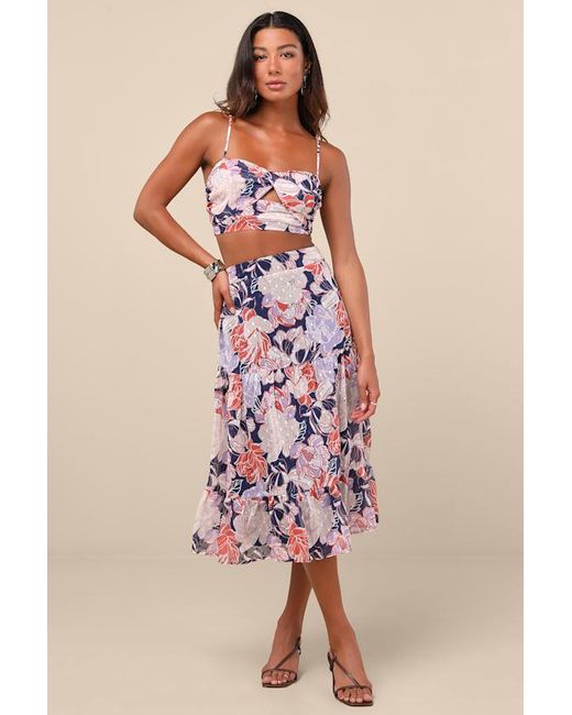 Lulus Brown Floating Through Flowers Multi Floral Two-Piece Midi Dress