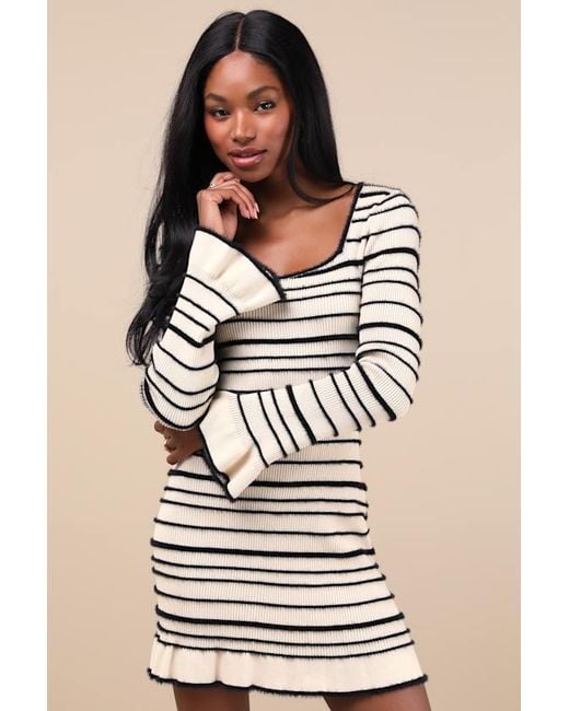 Lulus Gray Cozy Outlook Fuzzy Striped Long Sleeve Sweater Mini Dress