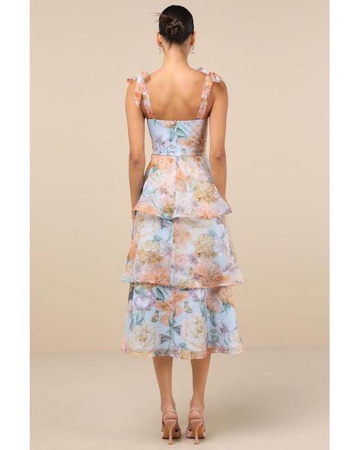 Lulus Natural Playfully Posh Floral Organza Tie-Strap Tiered Midi Dress