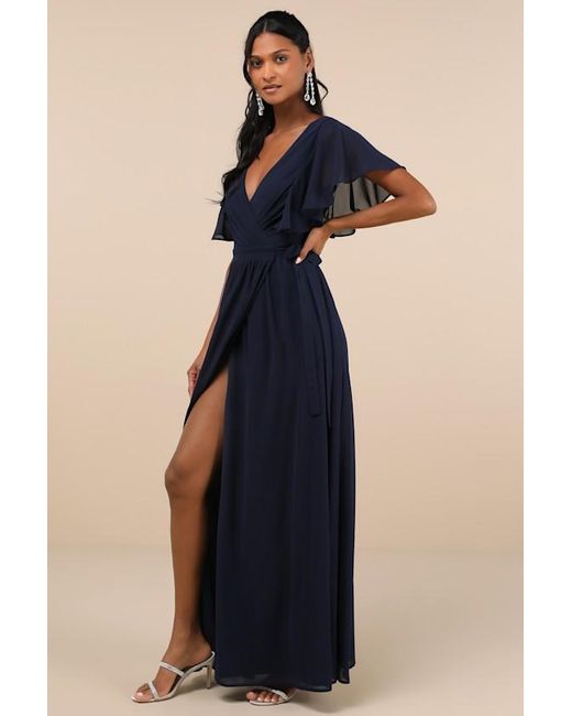 Lulus Blue Convincing Grace Flutter Sleeve Wrap Maxi Dress