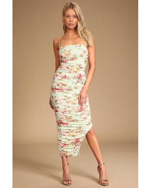 Lulus Natural Stun And Only Sage Floral Print Ruched Mesh Bodycon Midi Dress