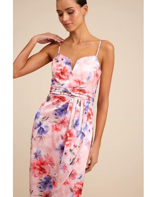 Lulus Pink My Favorite Day Floral Print Tulip Skirt Midi Dress