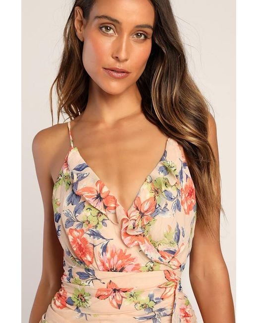 Lulus Natural Stunning Soiree Floral Print Ruched Midi Dress