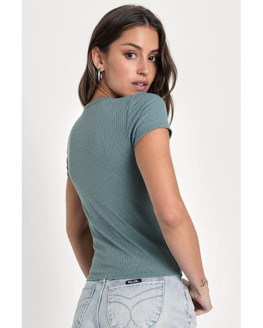 Lulus Blue Essential Trend Sage Pointelle Knit Short Sleeve Top