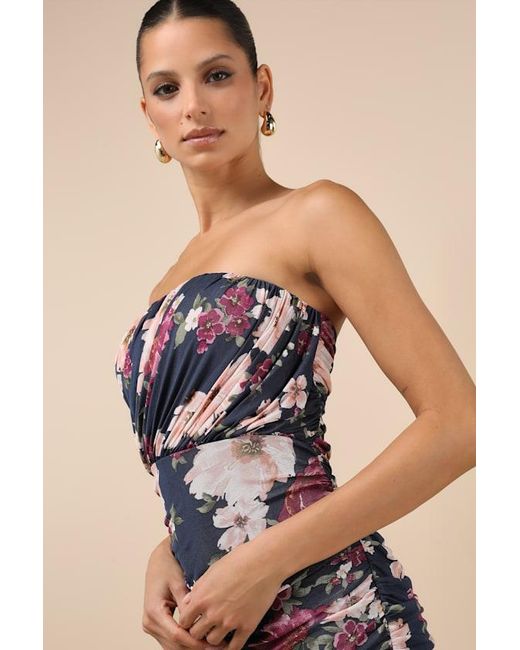 Lulus Blue Averie Floral Mesh Strapless Maxi Dress